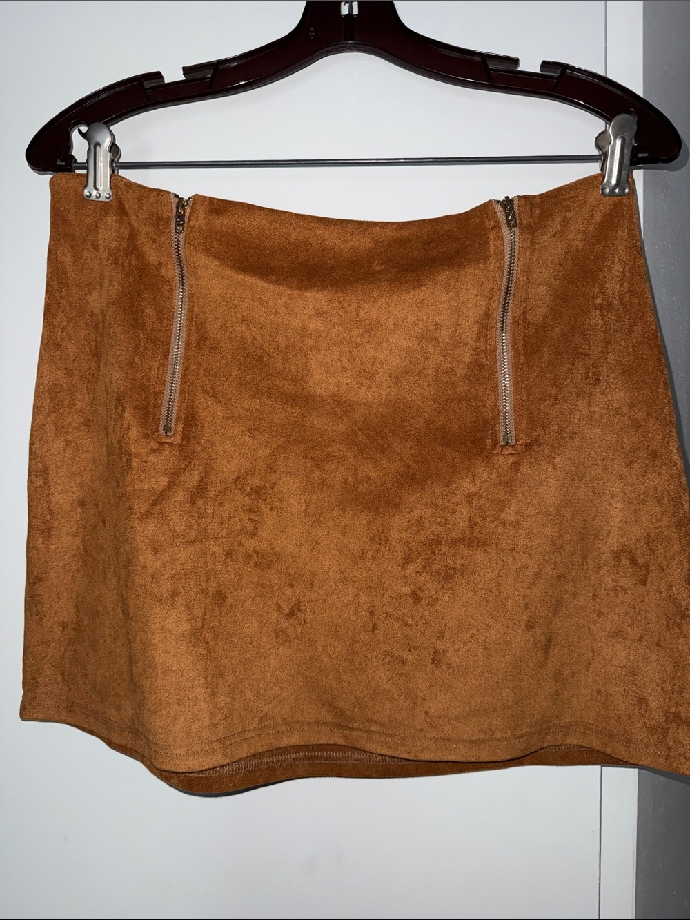 Suede-Look Mini Skirt with Front Zips - Tan